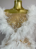 Sexy Sparkly Rhinestone Eveing Party Birthday Nightclub Stage Costume Elegant Off The Shoulder White Mesh See-Through Mini Dress