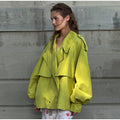 Women Short Trench Coat Lapel Collar Belt Waist Cinched Oversized Long Sleeve Windbreaker Jacket Shoulder Epaulets Spring Autumn
