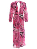 Tiger Stripe Print Long Dress Woman Autumn Trend Deep V-Neck Backless Lantern Sleeve Beach Party Elegant Vestidos