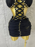 Women Sexy Sparkly White Braided Halter Mini Dress Gold Bead Trim Cutout Sides Ideal Beach Parties Vacations Special Occasions