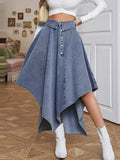 Women Denim Skirt High Waist Button Irregular Asymmetric Hem Flared Baggy European Elegant Daily Chic Summer