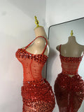 Sparkly Red Rhinestones Sequins Alluring See Through 2 Piece Maxi Dress 2025 Women's Evening Birthday Party Stage Show Outfit