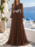 Fashion V Neck Lace Long Puff Sleeve Floor Length Dress for Women Ruched Waist Rhinestone Decoration for Banquet Gala Event
