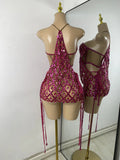 Luxury Sparkly Sequins Diamonds Short Skirt Two Pieces Sets Birthday Dress Women Sexy Performance Costume Singer Stage Outfit