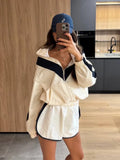 Color Block Zip Up Two Piece Set Women Long Sleeve Stand Collar Cropped Jacket High Waist Shorts 2026 Spring Summer Casual Suit
