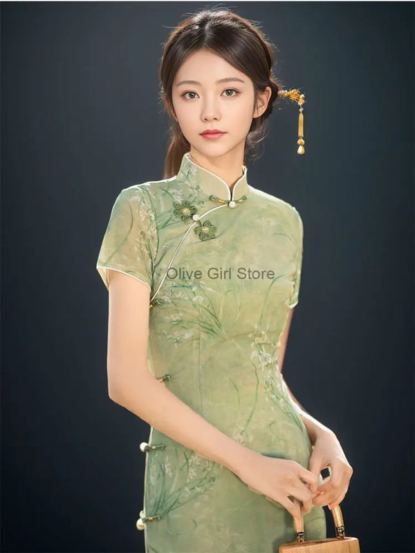 Olive Girl Green Romantic Qipao for Garden Wedding 2026 Fairycore Photoshoot Everyday Wear S-XXL XS-3XL Plus Size Romantic Garden Party Editorial Not Costume Qipao Cheongsam Chinese Dress Chinese Heritage Fashion Women