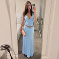 Chic Light Blue 2 Piece Outfit Women Deep V Neck Sleeveless Ruched Crop Top Low Waist Flowy Maxi Skirt Suit Party Matching Sets
