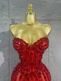 Women Red Strapless Mesh Mermaid Maxi Dress Vertical Red Rhinestone Long Gown Birthday Party Prom Singer Stage Evening Outfit
