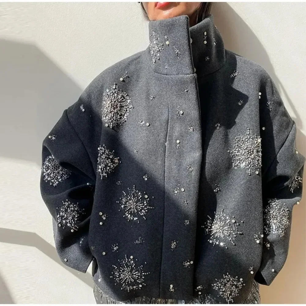 Solid Spliced Diamonds Loose Jackets for Women Stand Neck Long Sleeve Patchwork Pockets Coat Female New