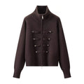 Women's Vintage Knit Cardigan Sweater Jacket Stand Collar Double Breaste Two Way Zipper Loose Street Coat Autumn Winter