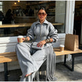 Grey Long Sleeve 2 Piece Outfit Chic Lapel Zip Slim Top Long Fringe Wide Leg Pants 2026 Autumn Women Casual Lady Matching Set