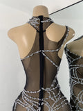 High Street Mesh Spider Web Tight Jumpsuit Performance Dance Costume Luxury Rhinestones Nightclub Bar Stage Leotard