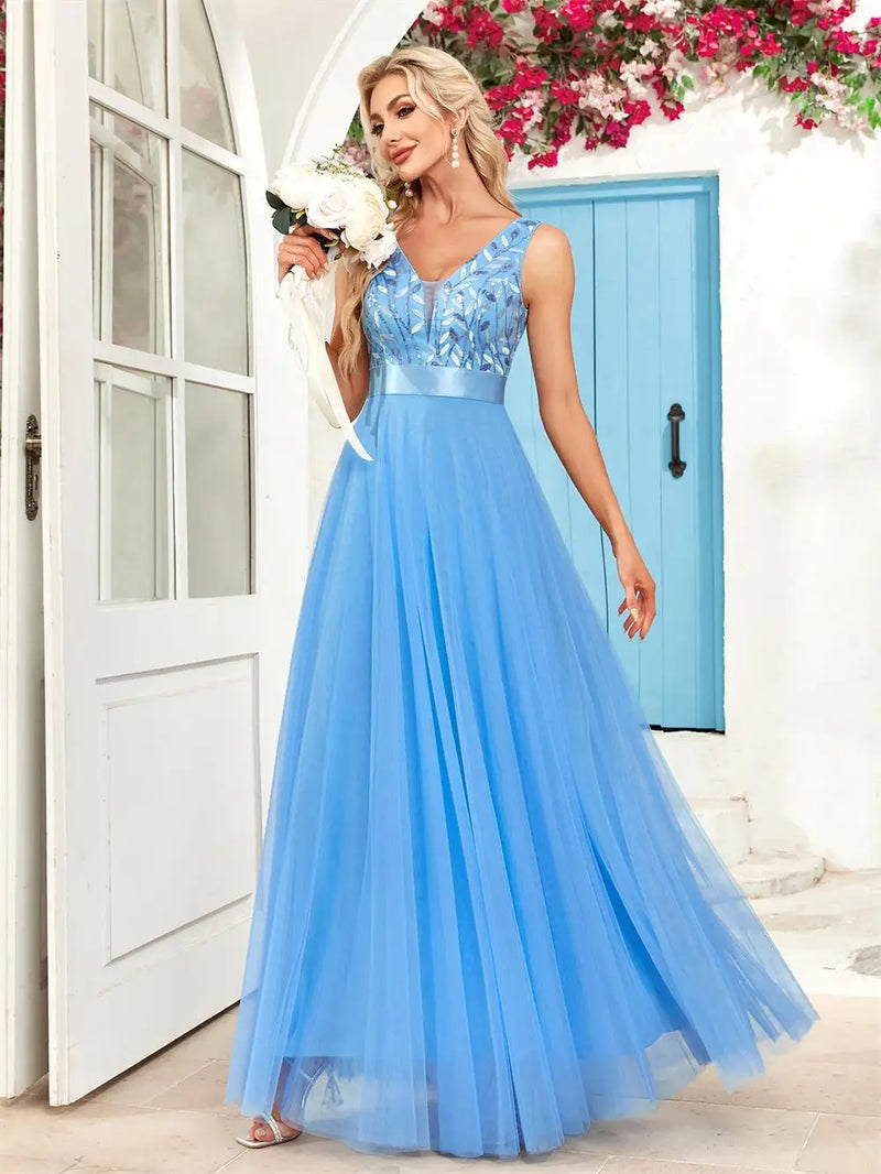Sexy Prom Bridesmaid Dresses for Women Elegant Mesh Birthday Evening Party Dress Woman Maxi Sequin Summer Dress Vestidos