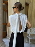 Romantic Dates White Dot Print Tank Top for Women Bow Neck Sleeveless Back Slit Design Slimming for Office Commute