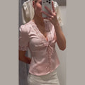 Sexy V-neck Lace Patchwork Solid Top Women Short Sleeve Single Breasted Lace Up Loose Tops Female Spring Chic Casual Streetwear