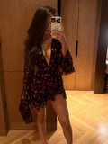 Elegant Flora Painted Ruffle Mini Dress Women Chic Full Sleeve Deep V-neck Slim A-line Short Robe 2026 Lady Vacation Street Gown