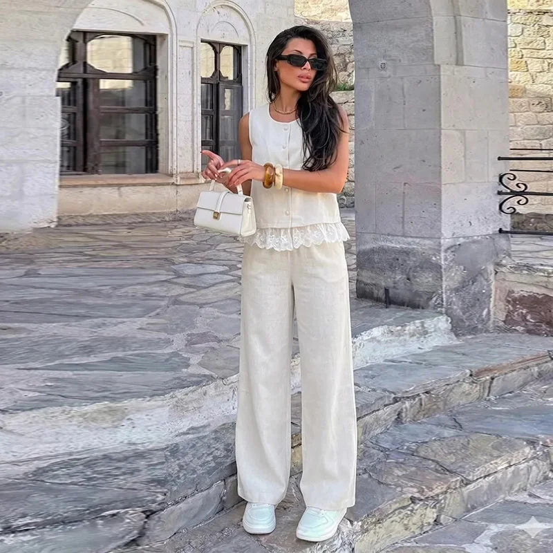 Detachable Lace Trim Vest Wide Leg Pant Set Sleeveless Crew Neck  2026 Autumn City Leisure Lady Women Elegant Minimal  Outfit