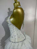 Women Sexy Mesh See Through Evening Birthday Party Dress Nightclub Stage Wear Sparkly Rhinestone Pearls Halter Backless Bodysuit