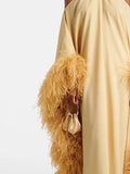Glam Halter Off Shoulder Floor Length Dress for Women Loose Kaftan Feather Trim Wide Sleeve Back Tie Tassel for Party Gown