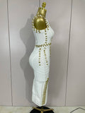 Women Celebrate Evening Prom Birthday Party Dress Vestido Elegance White Metal Buckle O Neck Sleeveless Bodycon Bandage Dress