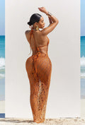 Women's Swimsuit Coverup Crochet Bikini Cover Ups Hollow Out Net Halter Sleeveless Swimwear for Beach 3 Pieces Long Dress