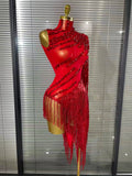 Black Red Women Sexy One Shoulder Shinning Crystal Sequins Tassels Bodycon Mid-calf Dress Nightclub Party Bar Dancer Costumes