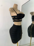 Women's Glitter Crop Top Short Skirt Bandage Sets Nightclub Performance Outfit Two Pieces Party Birthday Clothing
