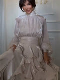 Women's Shining Tiered Ruffle Long Dress Elegant Turtleneck Lantern Sleeve High Waist Maxi Dress With Scarf Lady Evening Robes