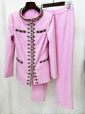 New Arrivals 2026 Designer Luxury Diamond Bead Suit Set Women's Hidden Button Blazer Pink Pencil Pants Suit 2pcs Outfit