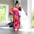 Elegant Women Pleated Half Lantern Sleeve O-neck Slim Maxi Long Dress Print Fashion Autumn 2024 Ruched Dresses Vestidos