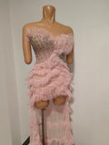 Sparkly Diamond Strapless Mesh Ruffled Pink Long Dress Birthday Evening Party PhotoShoot See Through Bar Nightclub Stage Costume