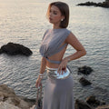 Fashion Shiny Lace Up Long Skirt Set Women Sexy Sleeveless Design sense Chic Short Top Skirts Suit NEW Lady Evening Party Outfit