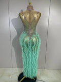 Women Sparkly Rhinestone Eveing Birthday Party Nightclub Bar Stage Costume Sexy Sleeveless Mesh Ruffled See Through Long Dress