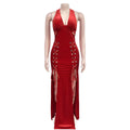 Sexy Halter Backless Velvet Dress Women Lace Up High Side Split Bodycon Maxi Evening Night Club Party Long Dresses Vestidos