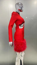2026 Luxury Ostrich Feather Glam Hollow Red Bandage Dress Christmas Party Dinner Performance Wear Cocktail Formal Evening Gown