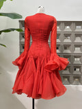 Women's Irregular Pleated Patchwork Fashion Long Flare Sleeve Waist Cinching Midi Dresses 2026 New Female Clothing