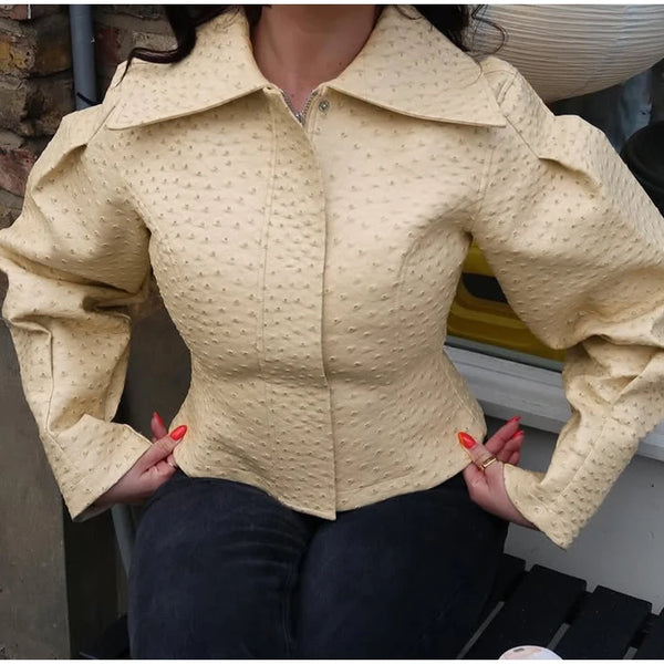 Street Women's Ostrich Pattern Short Leather Jacket Slim Lapel Long Sleeve Zipper Buttons Cropped Coat 2026 Autumn Lady Jacketts
