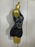 Sparkly Silver Rhinestones Pearl Tassels Bodysuit 2025 New Women Sexy Eveing Birthday Party Nightclub Stage Performance Costume