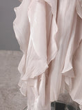 Solid Spliced Ruffles Folds Long Elegant Dresses for Women Lace Up Stand Neck Long Sleevs Tunic Temperament Dress Female
