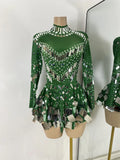 Luxury Sequins Long Sleeve Mini Dress Women Sexy Spandex Performance Dance Costume Party Celebrate Night Club Stage Outfit