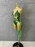 Luxurious Green Rhinestone Sheer Bodysuit Tassel Tail Ideal for Clubbing Festivals and Special Occasions Stage Performance