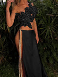 Sequin Flowers 2Piece Set Women Sexy Beach Vacation y2k Chic Skew Collar Tank Tops+Bandage Maxi Split Skirts Clubwear