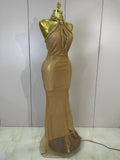 Sexy Halter Sparkly Diamonds Golden Mesh Sequins Maxi Long Dress Women Elegant Evening Party Birthday Luxury Wedding Guest Gown