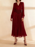 French Retro Vacation Dress for Women V Neck Lantern Sleeve Spliced Bead Square Scarf Tunic Temperament Long Dresses Female