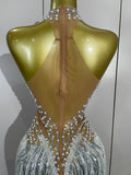 Women Sparkly Diamonds Pearls Tassel Sexy Mesh Stretch Dress Latin Dance Luxury Birthday Outfits Nightclub Party Stage Costume