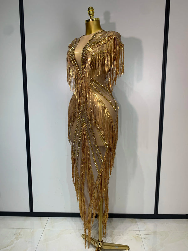Luxury Sparkly Diamonds Tassels Sexy Mesh See Through Dress Women Evening Birthday Party Nightclub Bar Singer Stage Costumes