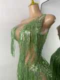 Luxury Crystals Diamonds Evening Party Dress Women Sexy Halter See Through Mesh Birthday Gowns Nightclub Singer Stage Wear