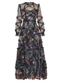 Patchworl Edible Tree Fungus Floral Dresses For Women Round Neck Long Sleeve High Waist Temperament Folds Mesh Dress Female