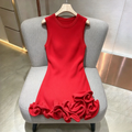 Sleeveless Crew Neck Knit Mini Dress for Women Solid Color 3D Layered Ruffle Trim Bodycon for Club Cocktail Night Out Party