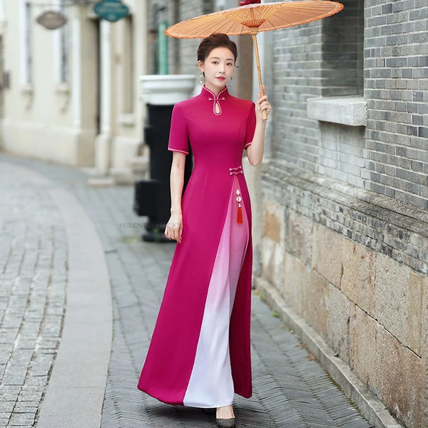 Autmn Winter New Vietnam Aodai Traditional Chinese Improved Qipao Women Embroidery Cheongsam Dress Banquet Evening Dress